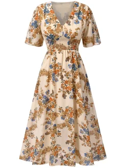 Online Retro Stage 1930s V-Neck Floral Elastic Waist Dress Beige