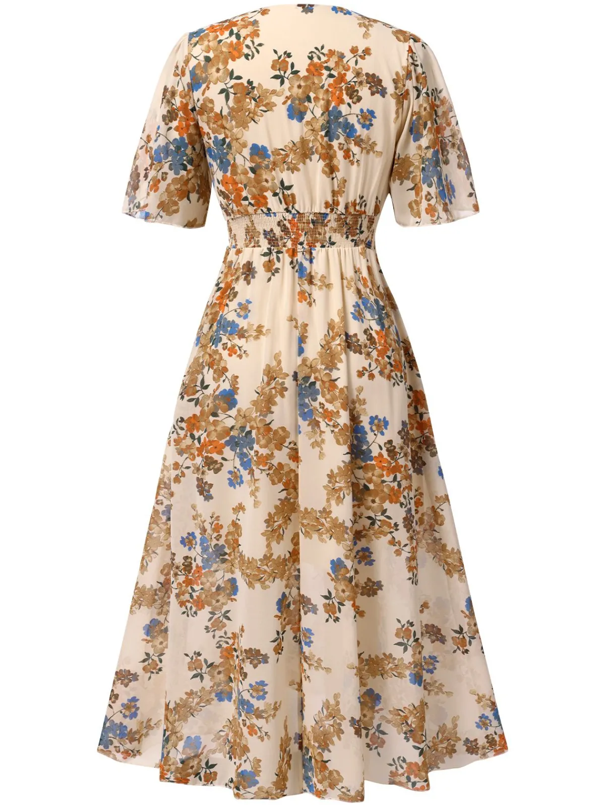 Online Retro Stage 1930s V-Neck Floral Elastic Waist Dress Beige