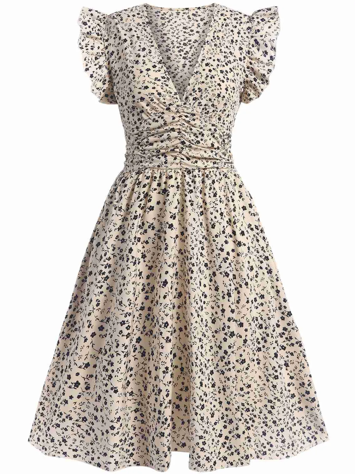 Outlet Retro Stage 1960s V-Neck Ruffled Ditsy Floral Dress Beige