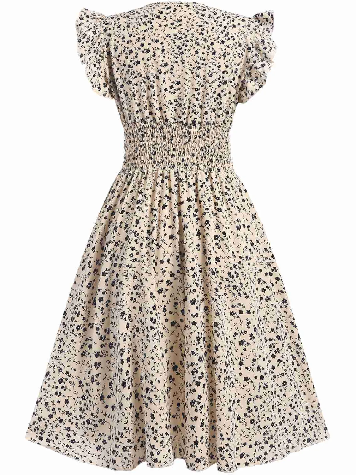 Outlet Retro Stage 1960s V-Neck Ruffled Ditsy Floral Dress Beige