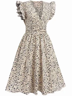Outlet Retro Stage 1960s V-Neck Ruffled Ditsy Floral Dress Beige