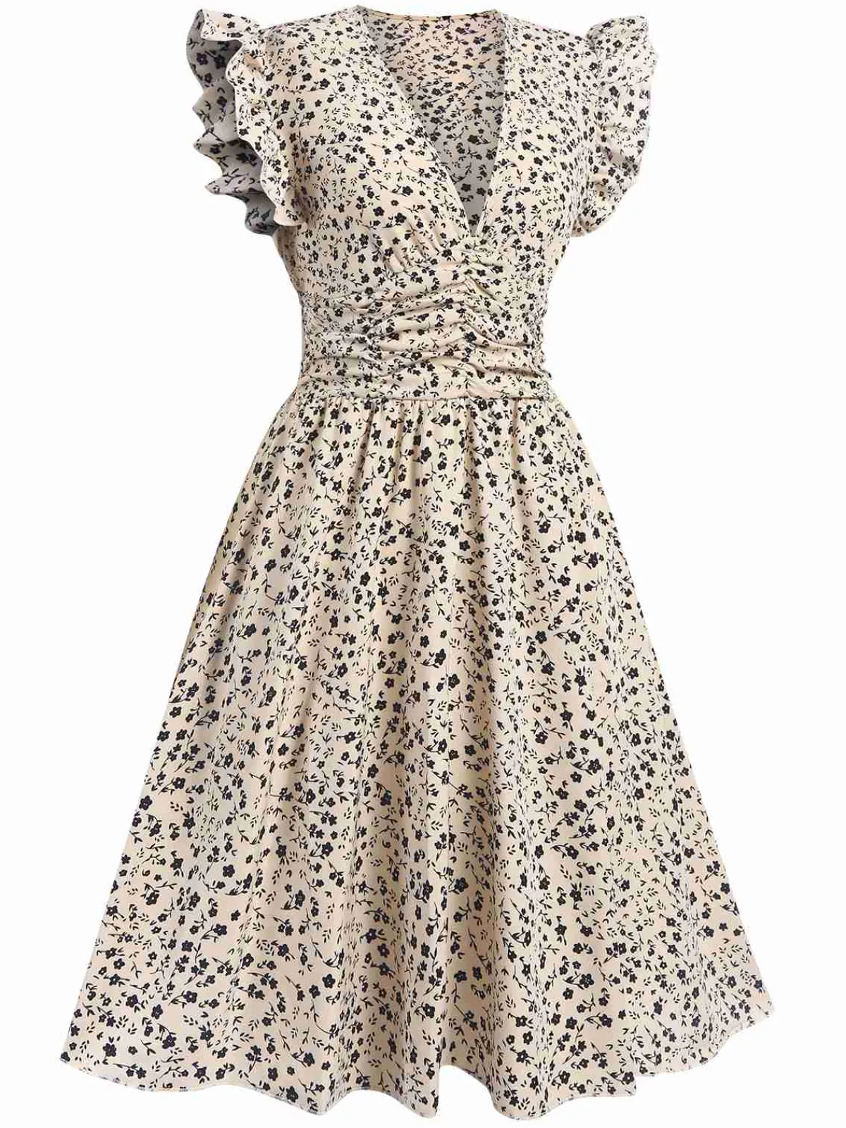 Outlet Retro Stage 1960s V-Neck Ruffled Ditsy Floral Dress Beige