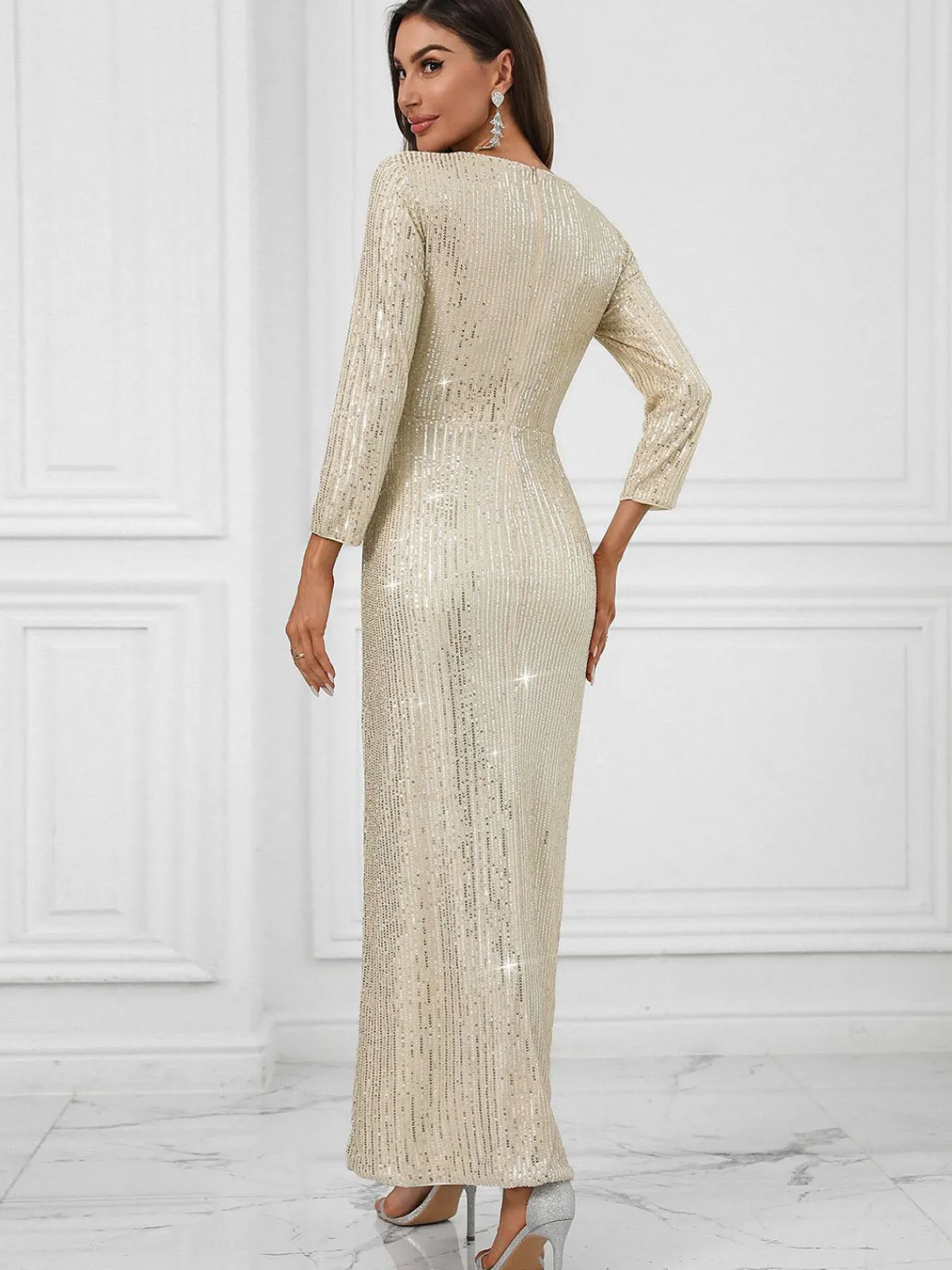Discount Retro Stage 1920s V-Neck Sequined Slit Dress Beige
