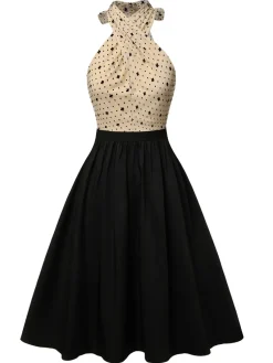 Clearance Retro Stage Beige& 1950s Cross Collar Mesh Dress Black