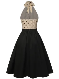 Clearance Retro Stage Beige& 1950s Cross Collar Mesh Dress Black