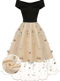 Clearance Retro Stage 1950s Floral Mesh Off-Shoulder Dress Black & Beige
