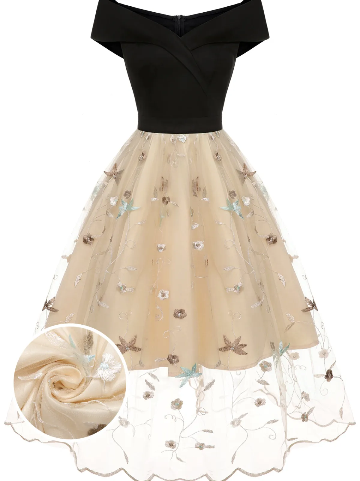 Clearance Retro Stage 1950s Floral Mesh Off-Shoulder Dress Black & Beige