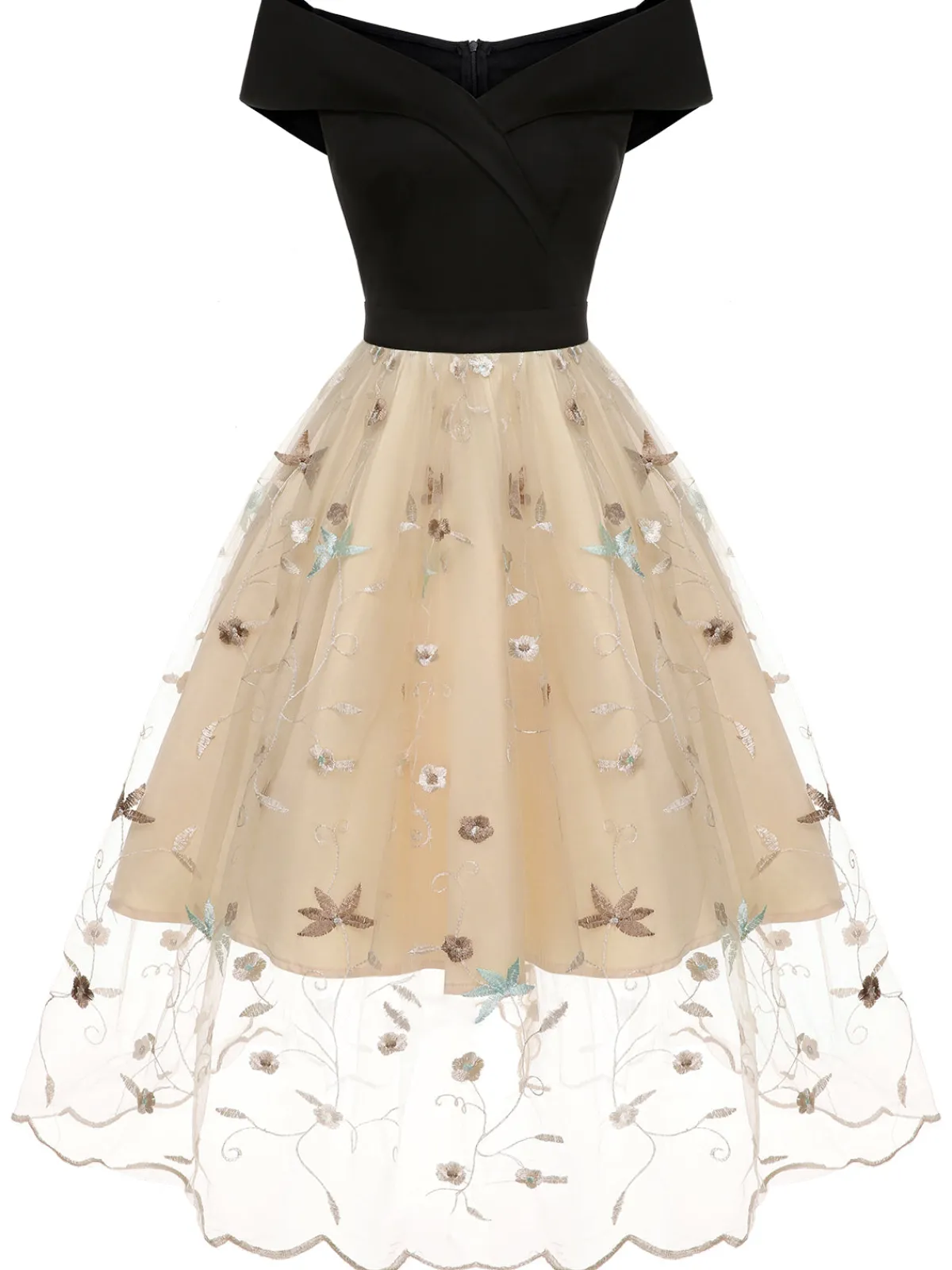 Clearance Retro Stage 1950s Floral Mesh Off-Shoulder Dress Black & Beige