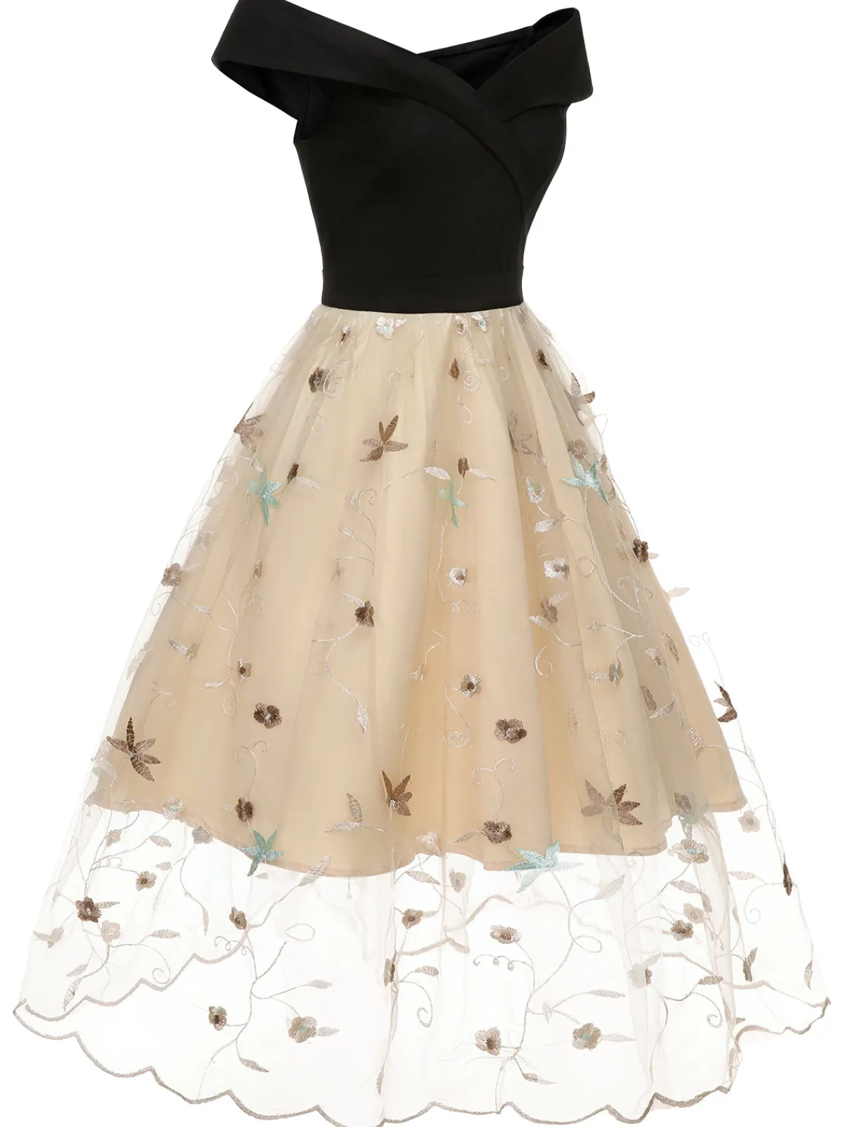 Clearance Retro Stage 1950s Floral Mesh Off-Shoulder Dress Black & Beige