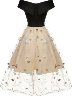 Clearance Retro Stage 1950s Floral Mesh Off-Shoulder Dress Black & Beige