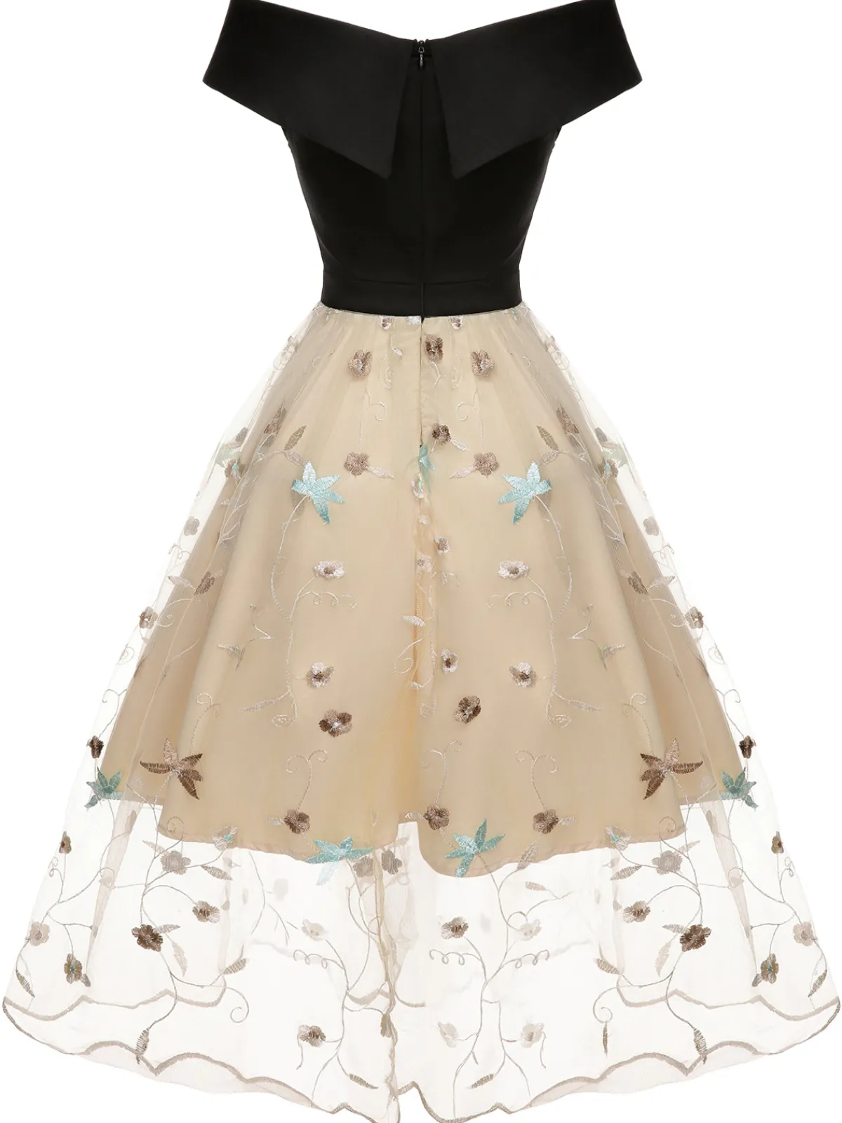 Clearance Retro Stage 1950s Floral Mesh Off-Shoulder Dress Black & Beige