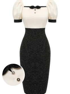 Hot Retro Stage 1960s Puff Sleeve Pencil Dress Black & Beige
