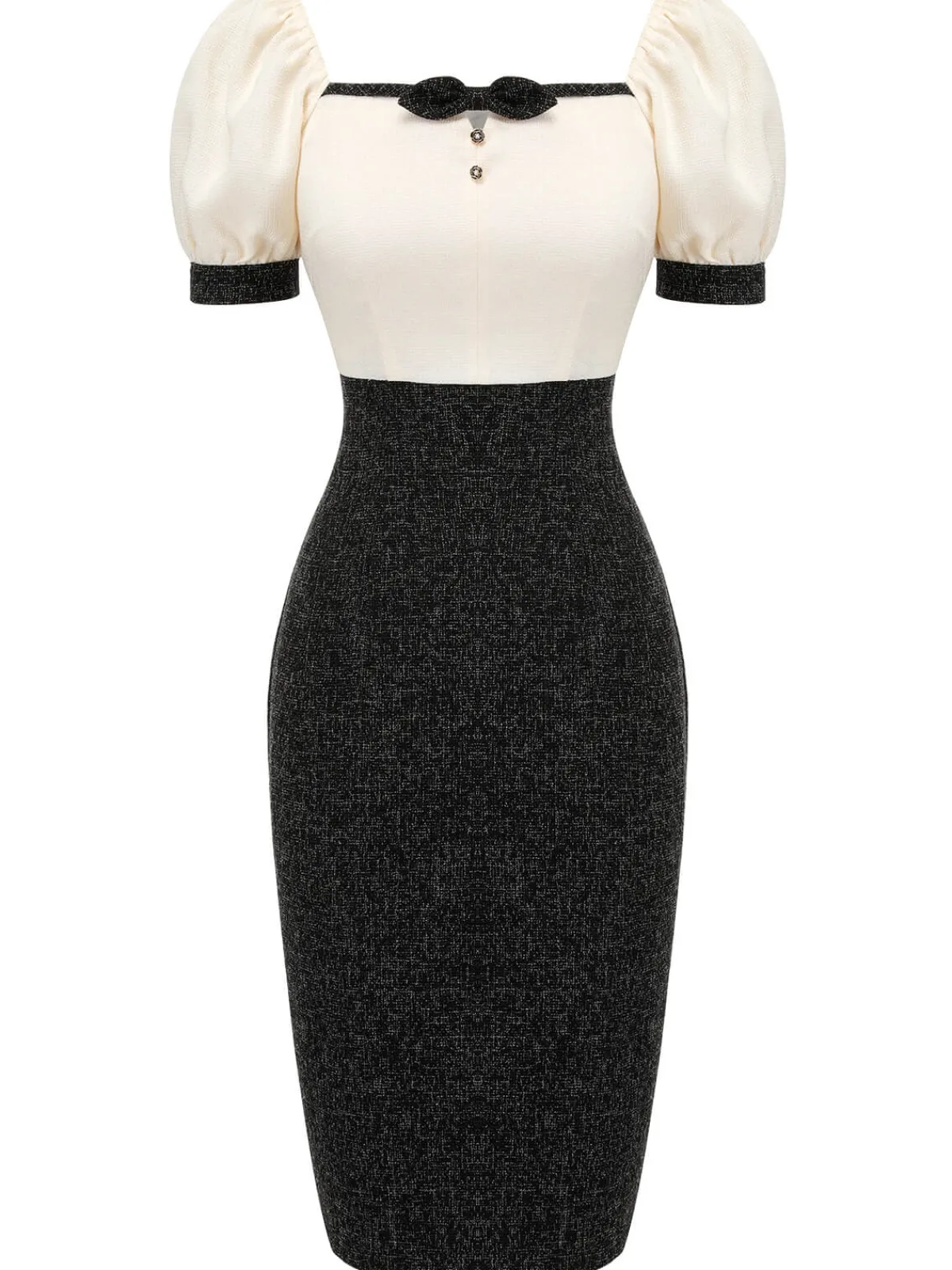 Hot Retro Stage 1960s Puff Sleeve Pencil Dress Black & Beige