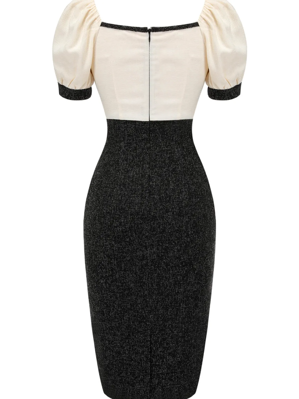 Hot Retro Stage 1960s Puff Sleeve Pencil Dress Black & Beige