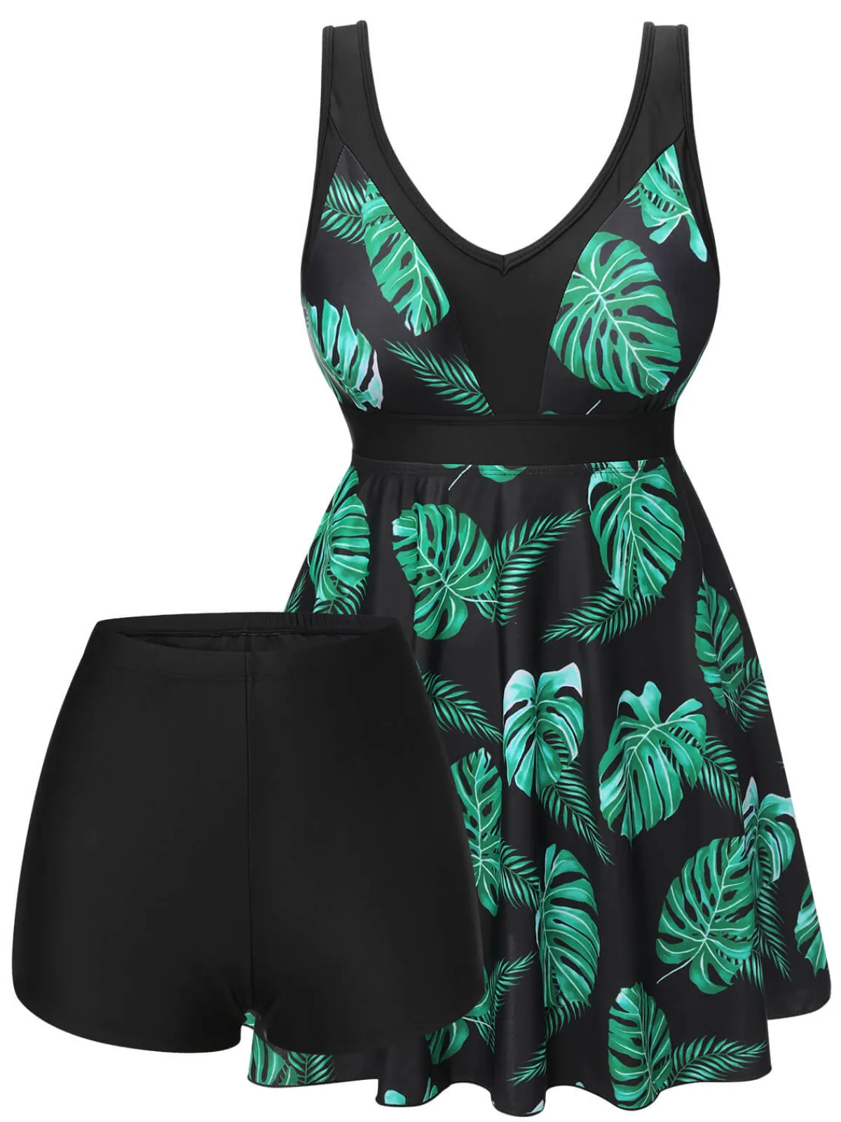 Online Retro Stage 1950s Tropical Skirted Swimsuit Black & Green