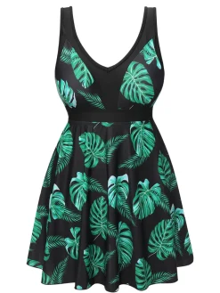 Online Retro Stage 1950s Tropical Skirted Swimsuit Black & Green