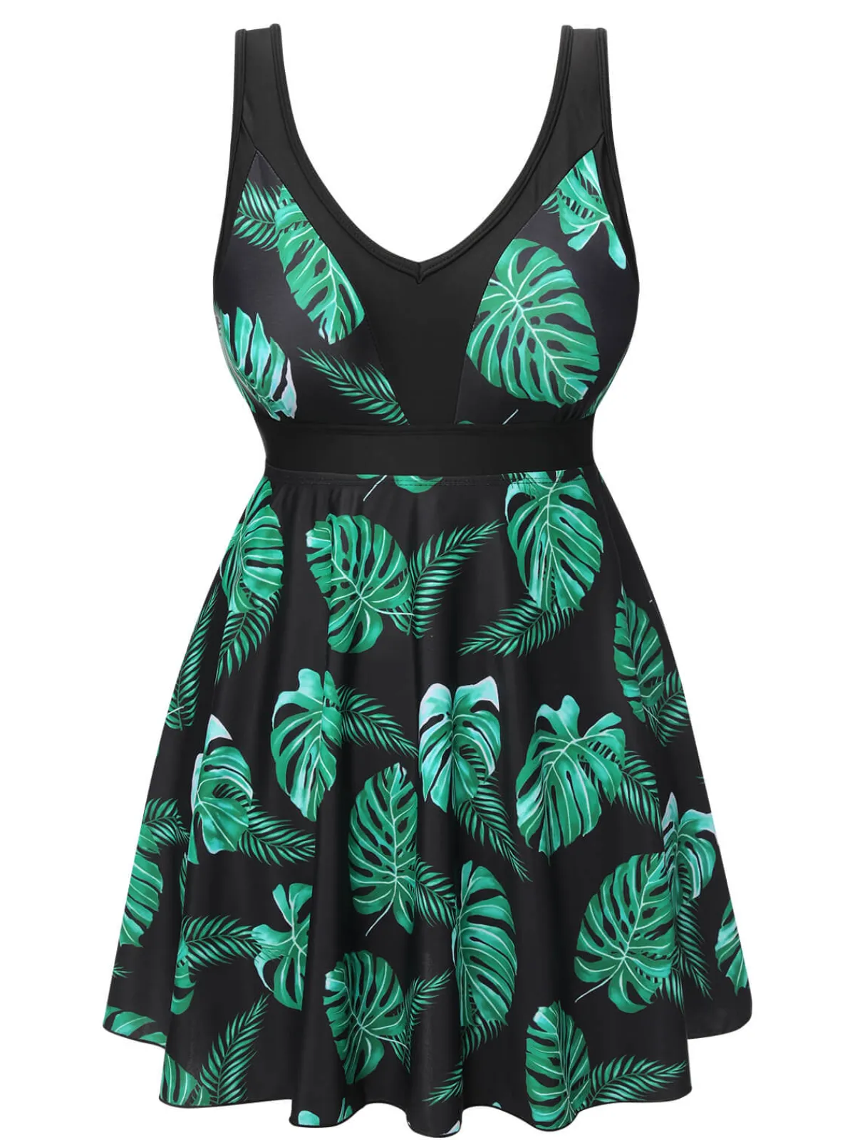 Online Retro Stage 1950s Tropical Skirted Swimsuit Black & Green
