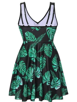 Online Retro Stage 1950s Tropical Skirted Swimsuit Black & Green