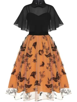 Outlet Retro Stage 1950s 3D Butterfly Cloak Dress Black & Orange