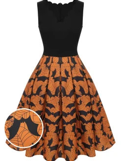 Discount Retro Stage 1950s Halloween Bat Sleeveless Dress Black & Orange