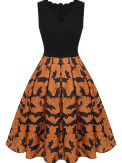 Discount Retro Stage 1950s Halloween Bat Sleeveless Dress Black & Orange