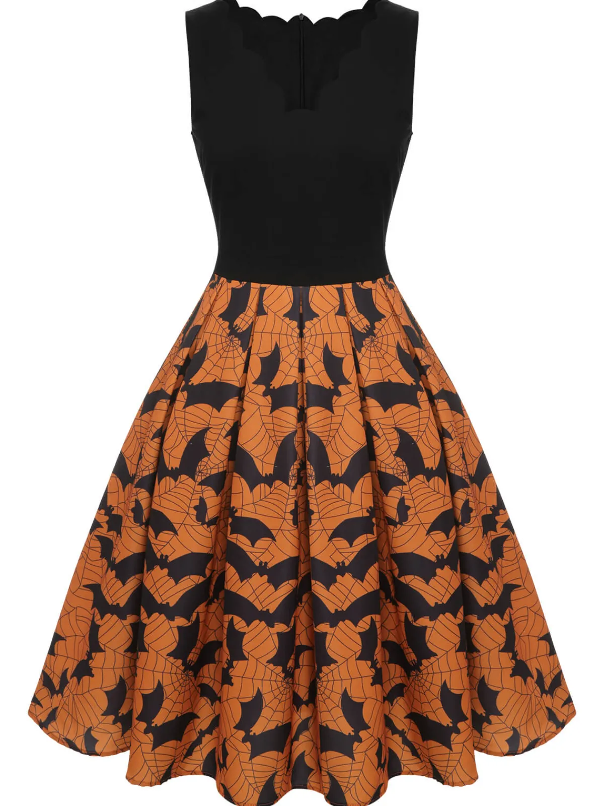 Discount Retro Stage 1950s Halloween Bat Sleeveless Dress Black & Orange