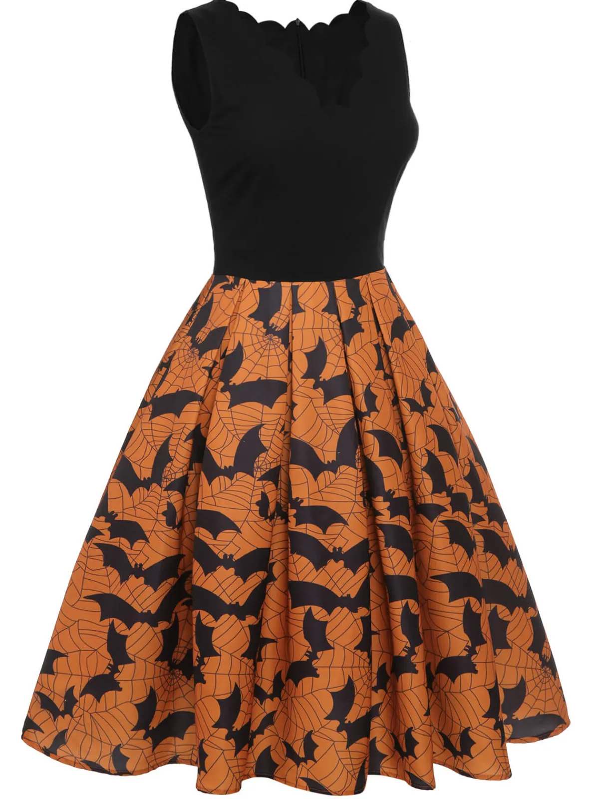 Discount Retro Stage 1950s Halloween Bat Sleeveless Dress Black & Orange