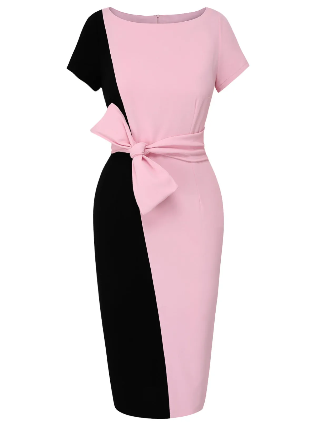 Sale Retro Stage 1960s Boat Neck Contrast Belted Dress Black & Pink