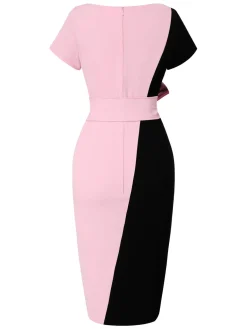 Sale Retro Stage 1960s Boat Neck Contrast Belted Dress Black & Pink