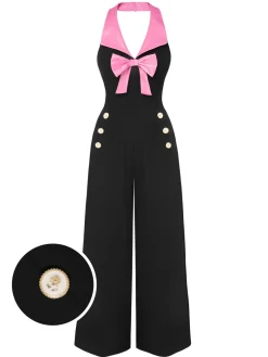 Sale Retro Stage & Pink 1930s Bow Lapel Jumpsuit Black