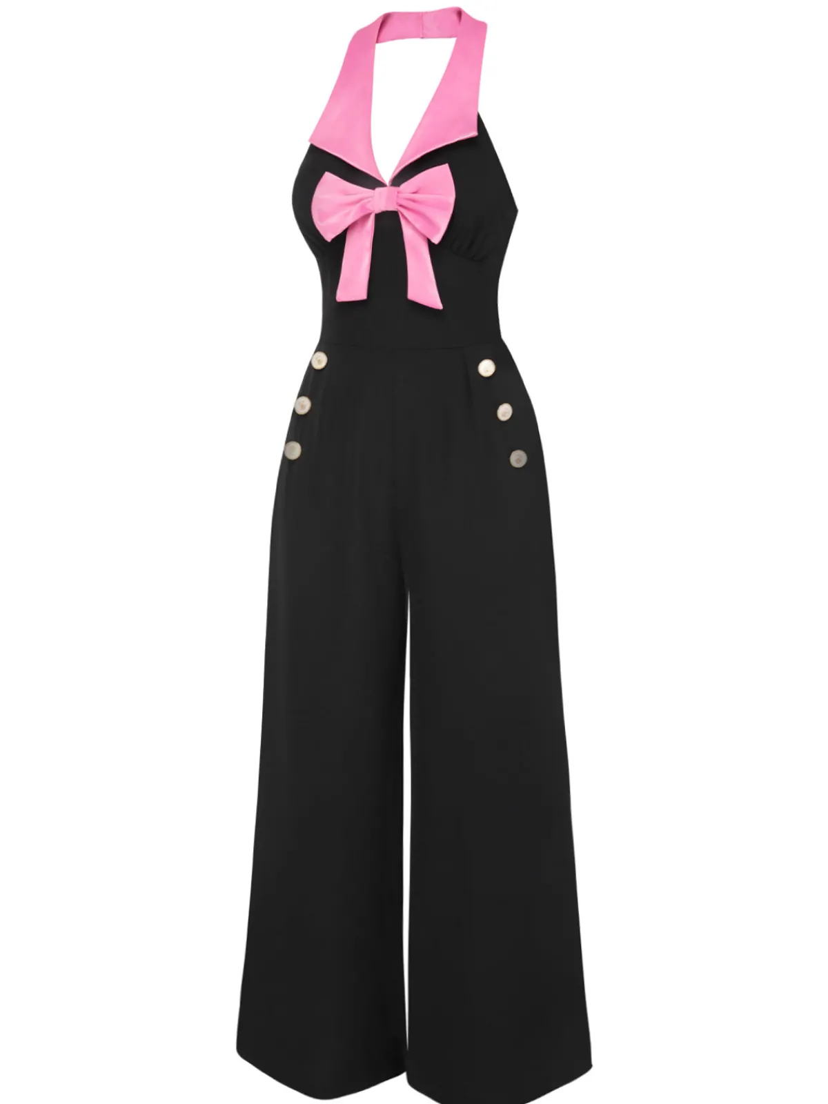 Sale Retro Stage & Pink 1930s Bow Lapel Jumpsuit Black