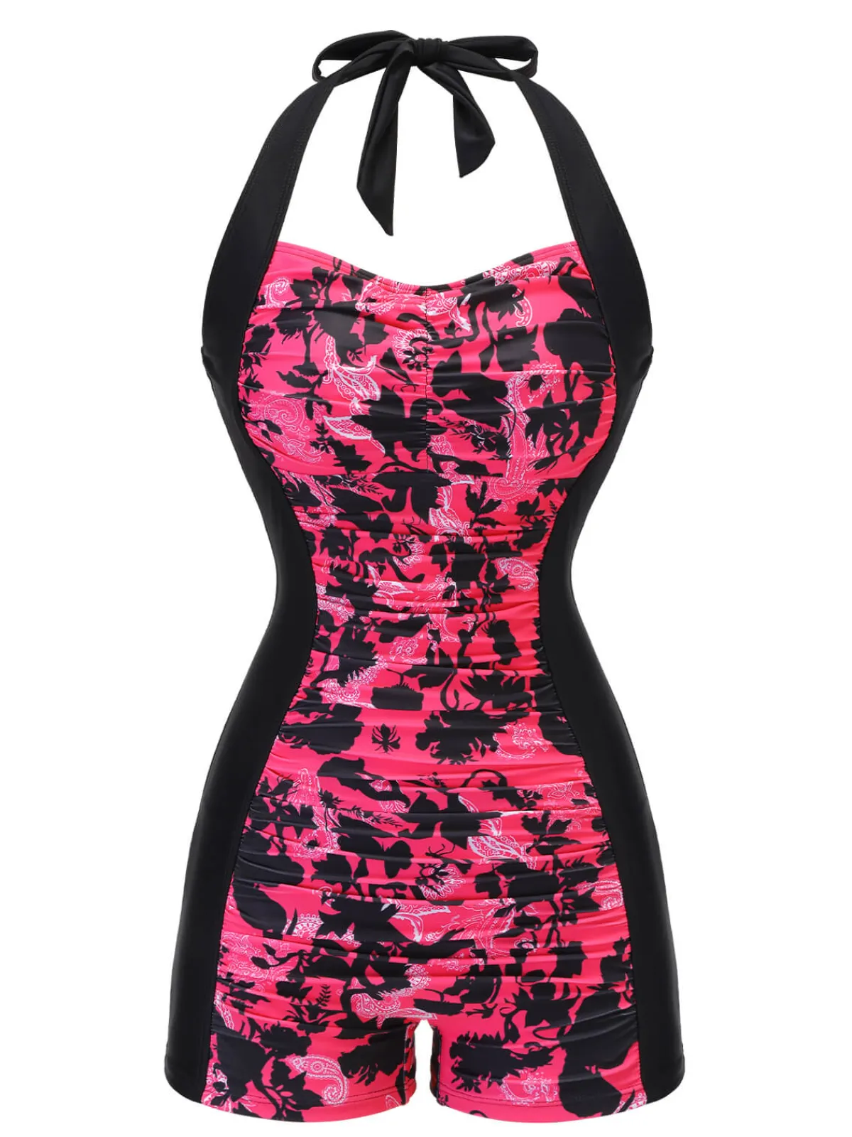 Best Retro Stage 1950s Floral Halter Swimsuit Black & Pink
