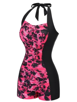 Best Retro Stage 1950s Floral Halter Swimsuit Black & Pink