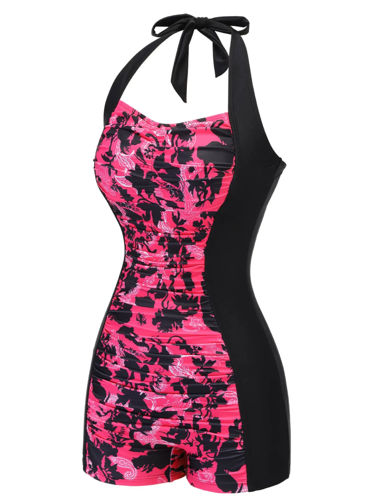 Best Retro Stage 1950s Floral Halter Swimsuit Black & Pink