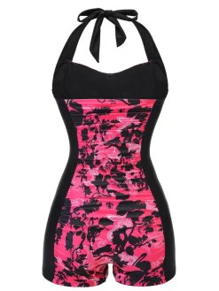 Best Retro Stage 1950s Floral Halter Swimsuit Black & Pink