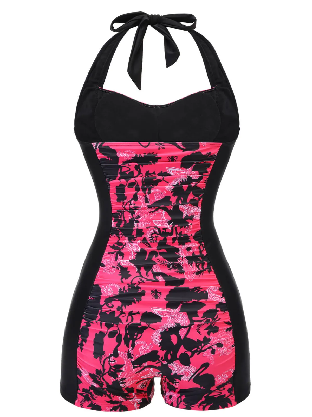 Best Retro Stage 1950s Floral Halter Swimsuit Black & Pink