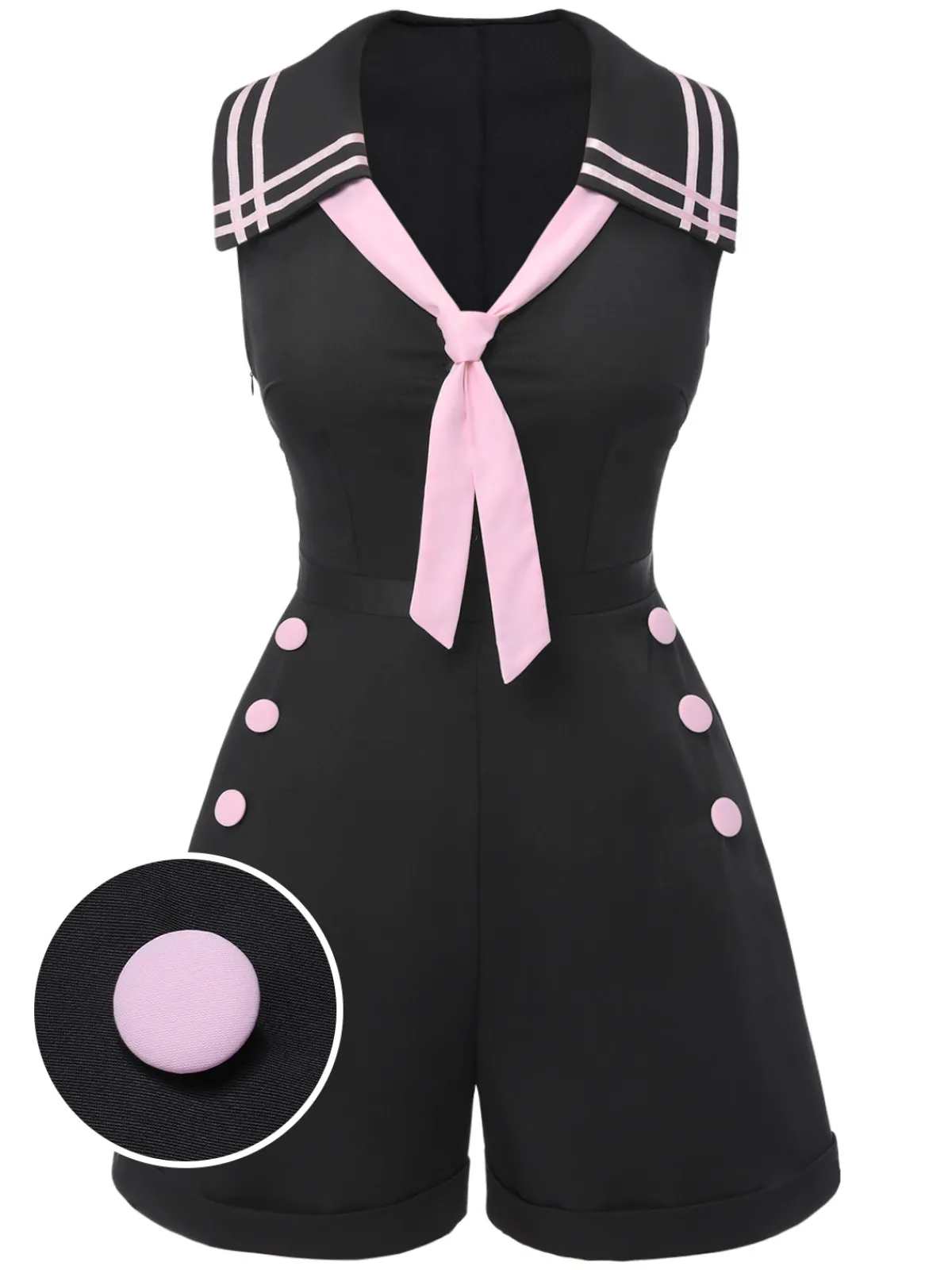 Best Retro Stage & Pink 1950s Solid Tie Lapel Romper Black