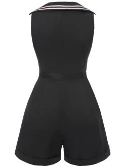 Best Retro Stage & Pink 1950s Solid Tie Lapel Romper Black