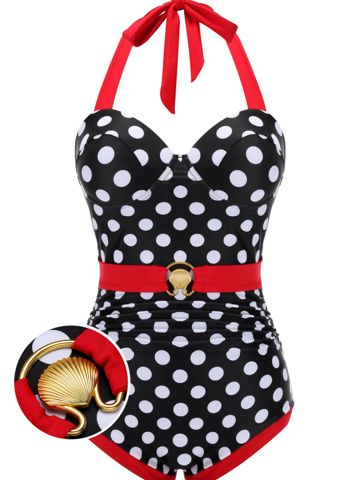 Best Retro Stage 1950s Dots Halter Swimsuit Black & Red