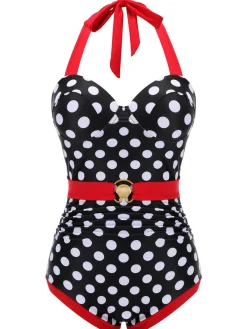 Best Retro Stage 1950s Dots Halter Swimsuit Black & Red