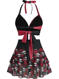 Discount Retro Stage 1980s Gothic Skull Rose Halter Skirt Swimsuit Black & Red