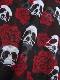 Discount Retro Stage 1980s Gothic Skull Rose Halter Skirt Swimsuit Black & Red