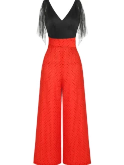 Hot Retro Stage 1930s Polka Dot Patchwork Jumpsuit Black & Red