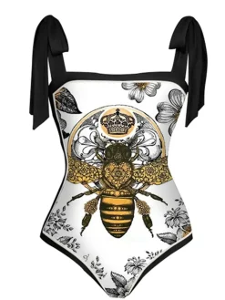 Hot Retro Stage 1950s Bee Swimsuit & Cover-up Black & White
