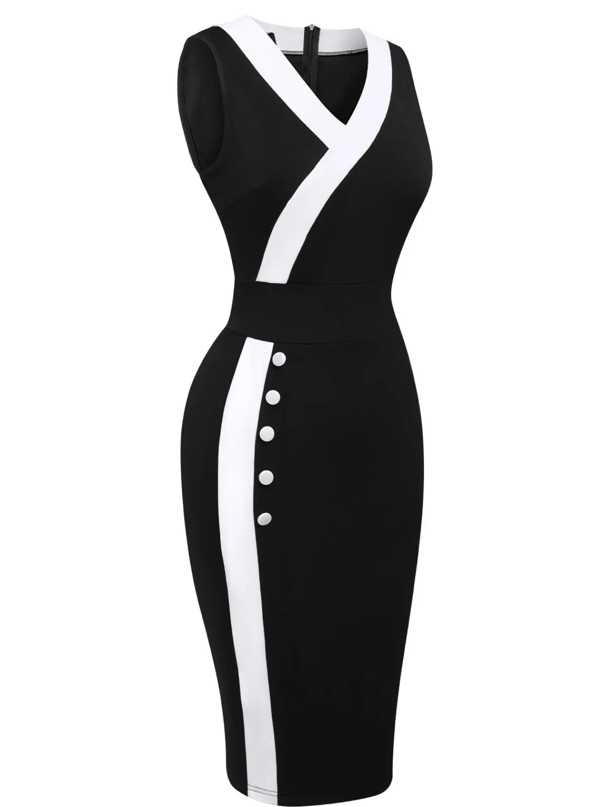 Best Retro Stage & White 1960s Button V-Neck Patchwork Dress Black
