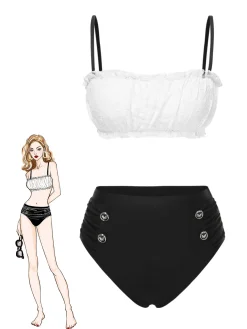 Clearance Retro Stage 1930s Colorblock Lace Bikini Set Black & White