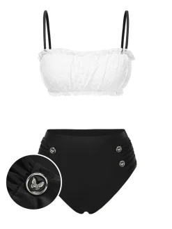 Clearance Retro Stage 1930s Colorblock Lace Bikini Set Black & White