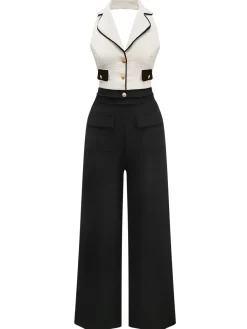 Fashion Retro Stage & White 1930s Contrast Notched Collar Jumpsuit Black