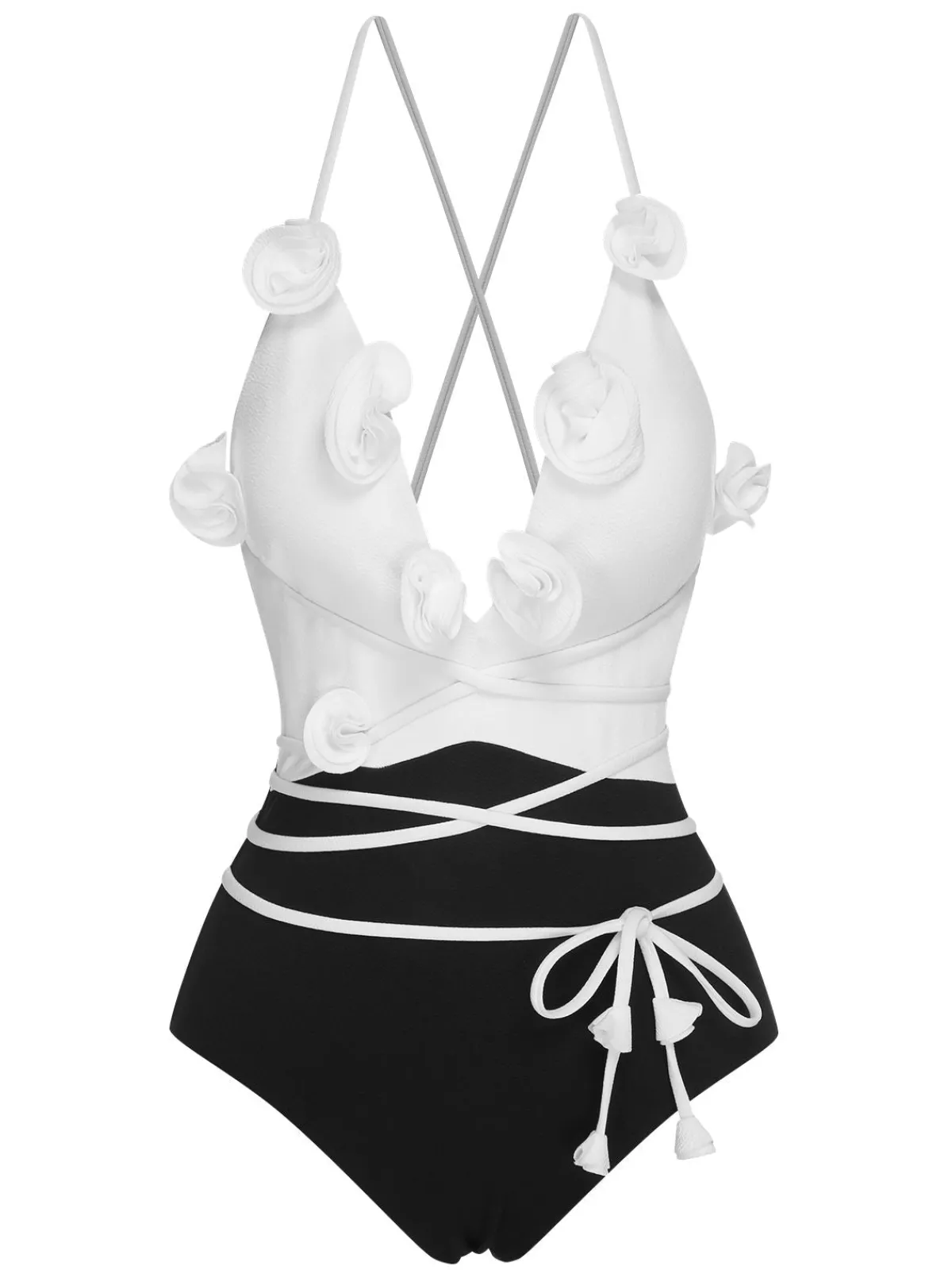 Outlet Retro Stage 1950s 3D Flowers Lace-Up Swimsuit Black & White