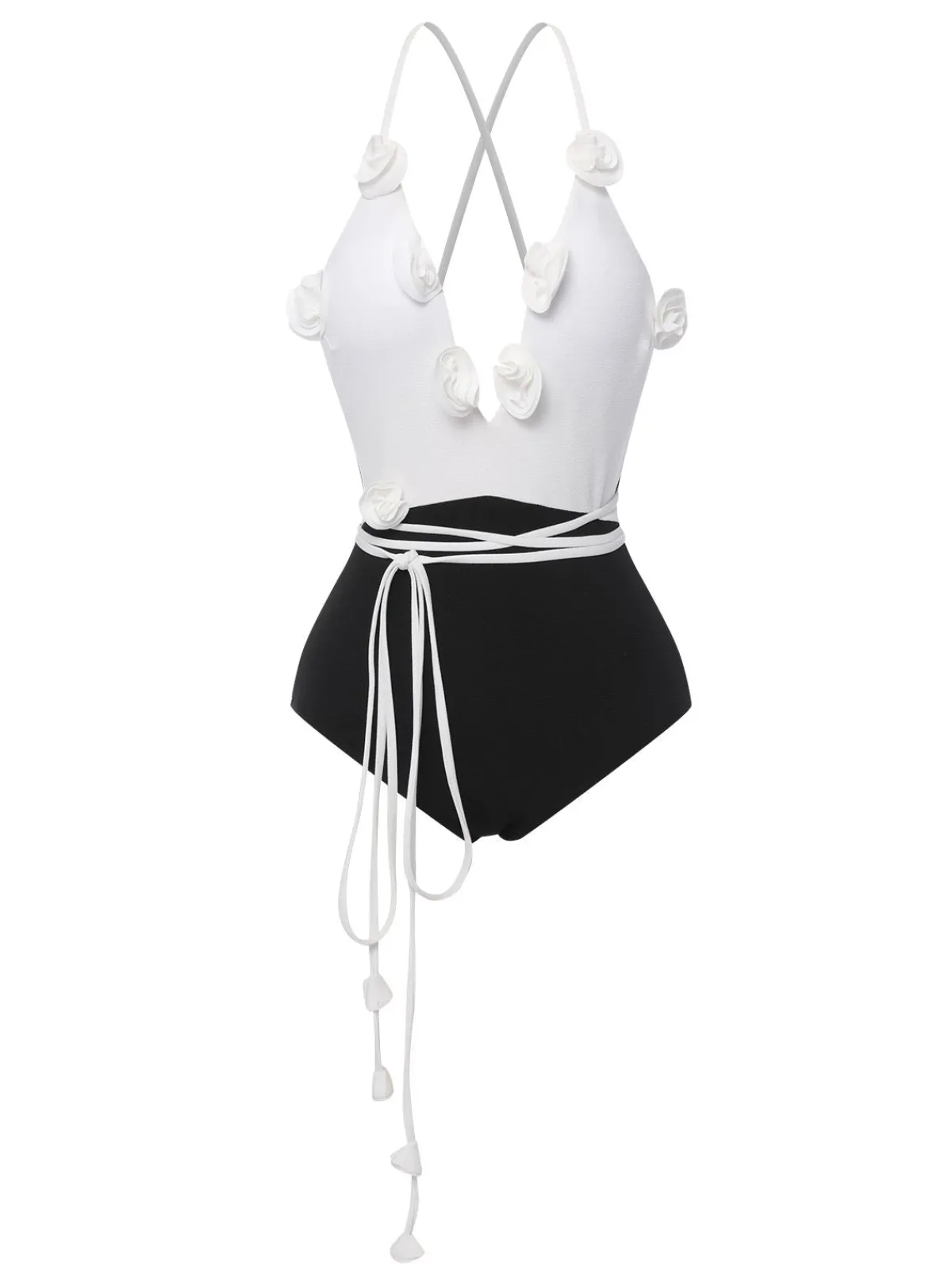 Outlet Retro Stage 1950s 3D Flowers Lace-Up Swimsuit Black & White